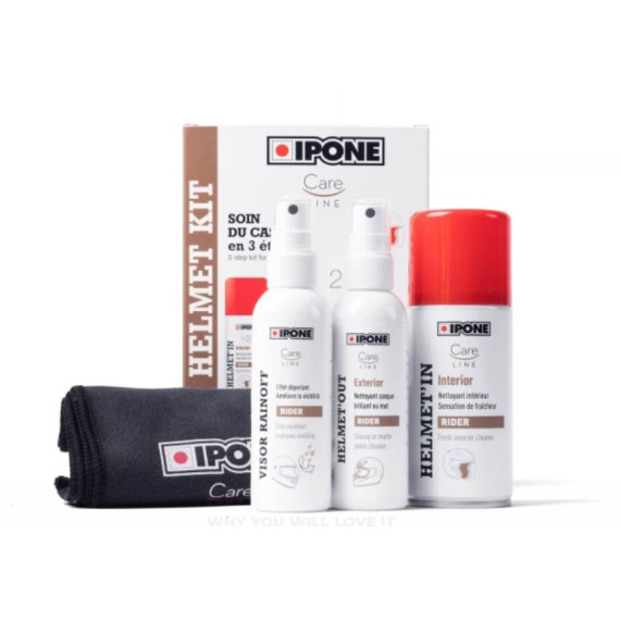 IPONE Helmetcarekit 1 spray-inner, 1 spray-outer, visorspray, microfibercloth